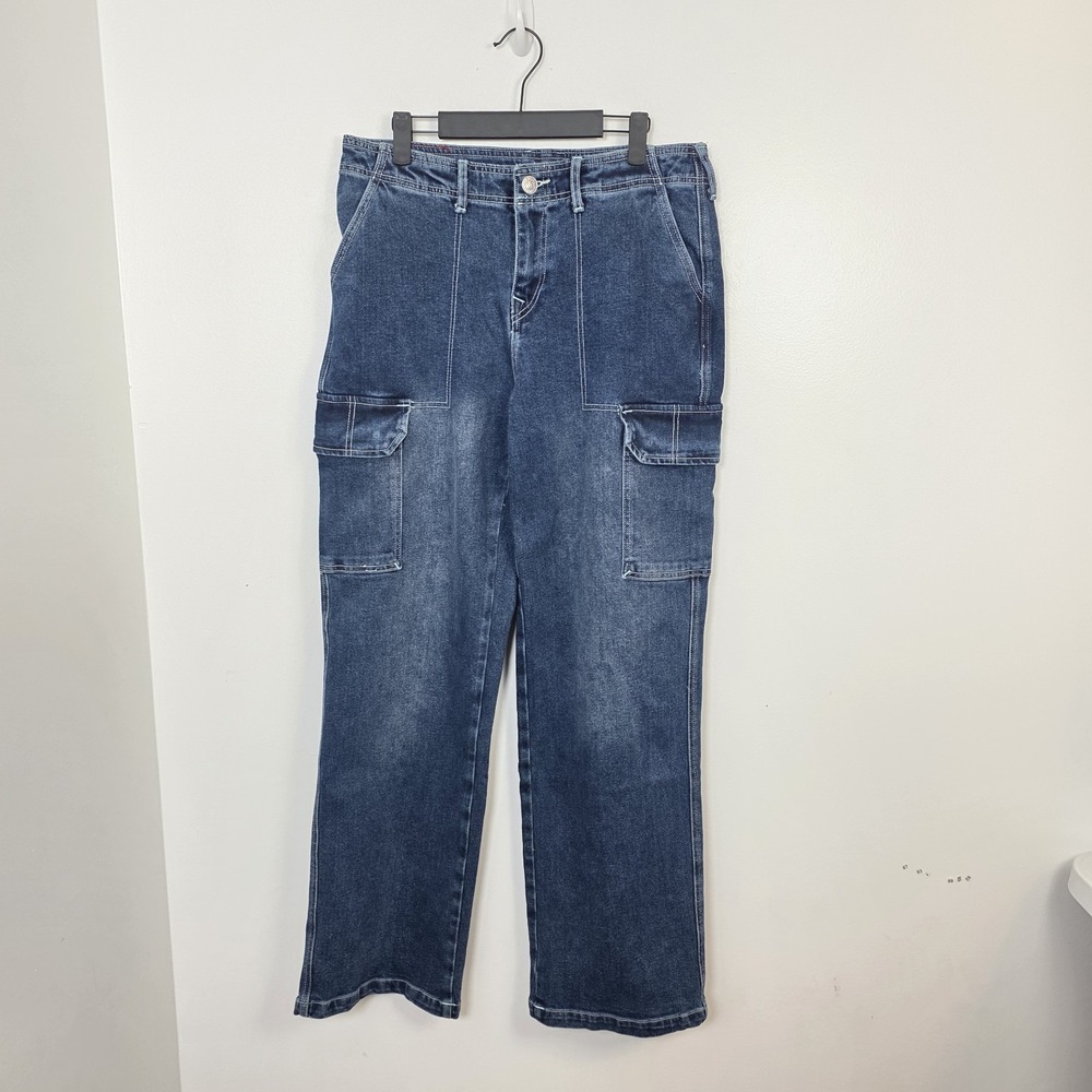 True Religion Medium Wash High Rise Y2K Streetwear Cargo Straight Leg Jean Sz 29